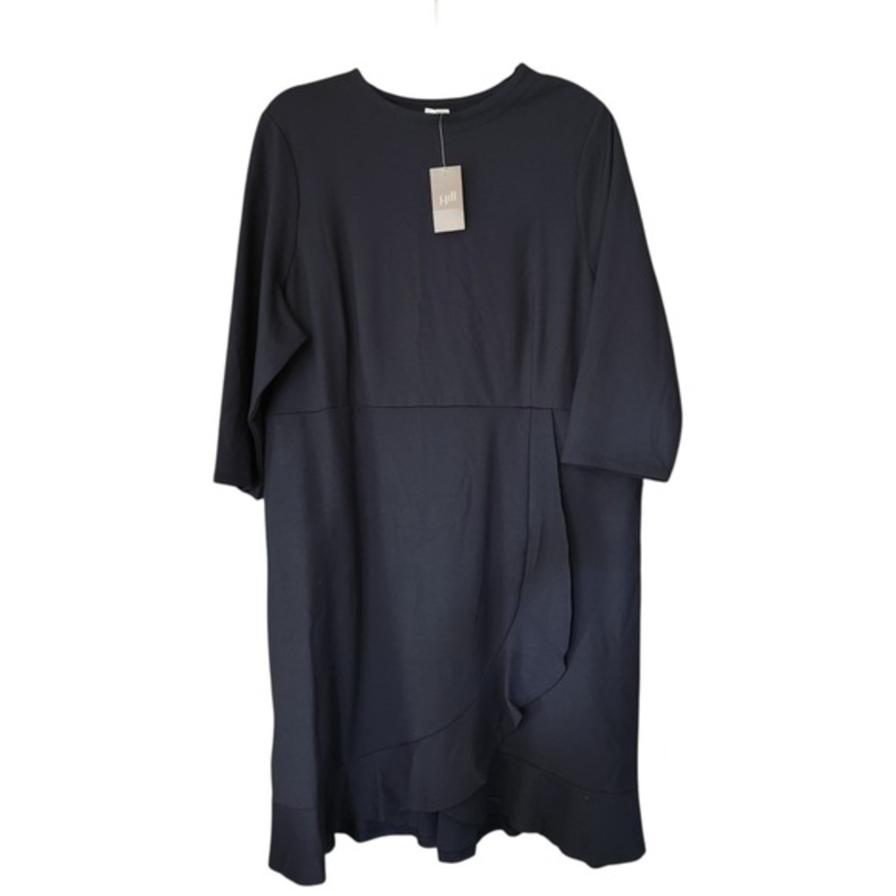 J JILL Dress Ponte Navy Blue Stretch Ruffle Trim Petite XL Business Casual‎ NWT